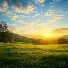 Obraz premium Beautiful sunrise illuminating a green meadow with rolling hills and a clear sky, capturing the tranquility of nature.
