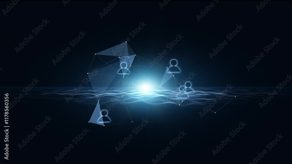 Sticker abstract loop waves with connected people icons on dark black background.