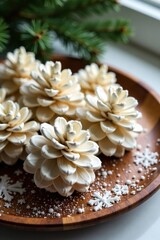 Snowy pinecones in shades of white and cream resting on a wooden platter, pine, decorative plate
