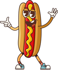 Groovy fast food hot dog character. Isolated cartoon vector psychedelic hotdog fastfood personage with a funky vibe, featuring charming smile, wearing cool sneakers and a laid-back, dance-like pose