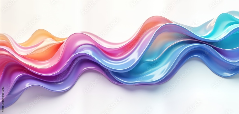Poster Abstract 3D rendering shows multicolored flowing wave shapes. Iridescent, chromatic colors create dynamic fluid effect. Horizontal wavy lines with smooth surface. Stylish, trendy design. Perfect for