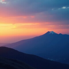 Obraz premium Dawn sky with mountain peak orange hue, blue horizon, mountain peaks, morning light, natural wonder