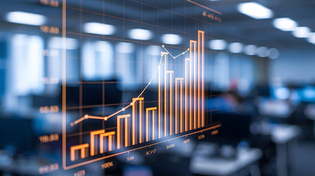Close-up of a glowing bar graph on a digital screen, symbolizing labor market trends, with copy space. Data visualization, economic analysis, and business growth concepts.