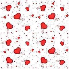 seamless pattern with red hearts and white hippopotamus on white background.