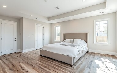 Modern minimalist bedroom with hardwood floors