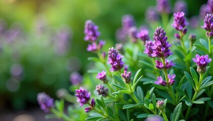 Thyme is a small evergreen shrub with needle-like leaves and tiny purple flowers , aromatic, garden