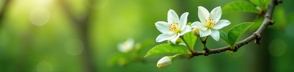 Fototapeta premium Dainty white flowers nestled among the leaves of a mature tree branch, lily, blossom, spring