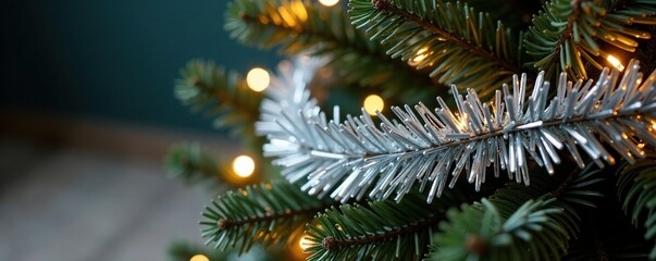 Shimmering silver garland wraps around the base of the tree, refined, sparkling