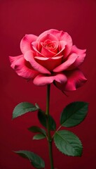 Rosa roja con flores de rosa y hojas en un fondo rojo, aceite, flores silvestres