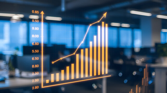 Close-up of a glowing bar graph on a digital screen, symbolizing labor market trends, with copy space. Data visualization, economic analysis, and business growth concepts.