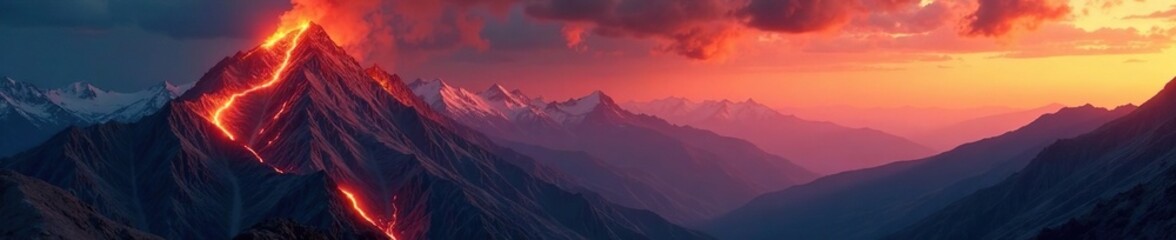 Obraz premium Blazing inferno engulfing rugged mountain peaks, rock, volcanic, mountains