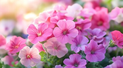 Fototapeta premium Pink flowers blooming in sunlight, garden background, spring nature scene, perfect for greeting cards.