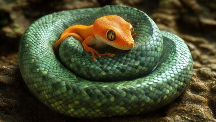 Fototapeta premium Colorful Geometric Patterns of a Python with an Artistic Interpretation of a Lizard on Its Back in a Natural Setting