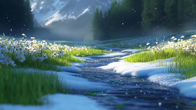 A meadow with melting snow and streams of water trickling through, accompanied by the soft light of early spring, evoking hope and change
