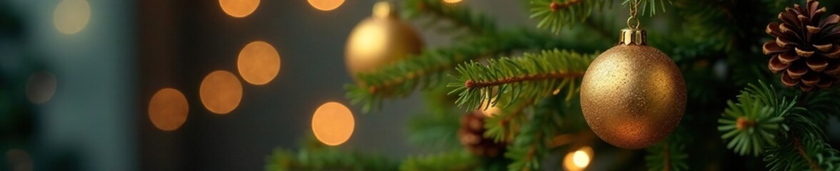 Bokeh-lit golden ornament on fir branch with pine cone and evergreen branches, bokeh lights, christmas tree decorations, evergreen branches