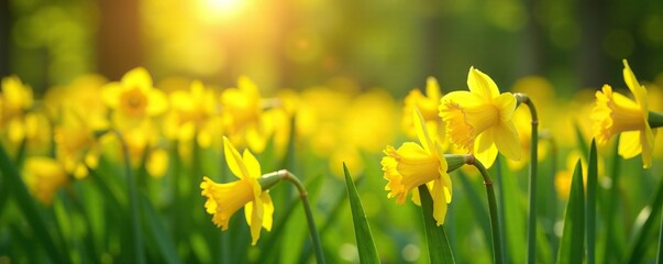 Fototapeta premium Bright sunny field of small yellow daffodil flowers, nature, field, daffodils