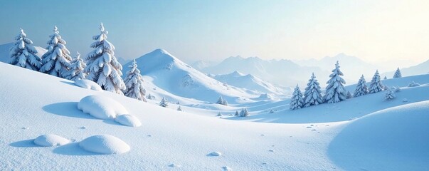 Snow-covered landscape with lumpy hills and gentle snowfall, wintry textures, winter wonderland