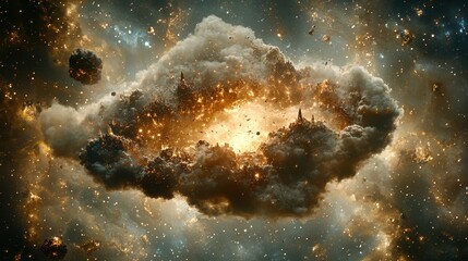 Fototapeta premium A celestial island floating high above a sea of glowing mist, adorned with radiant gardens and towering crystal spires. Waterfalls of liquid light cascade from the island’s edges, dissolving 