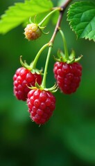 Fresh green raspberries hanging from a branch, colorido, raspberry