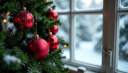 Red ornaments strung on an evergreen wreath in front of a snowy window, evergreen, snow