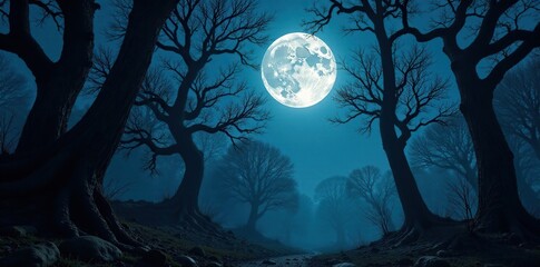 Dark woods under full moon with twisted branches, woods, branches, eerie