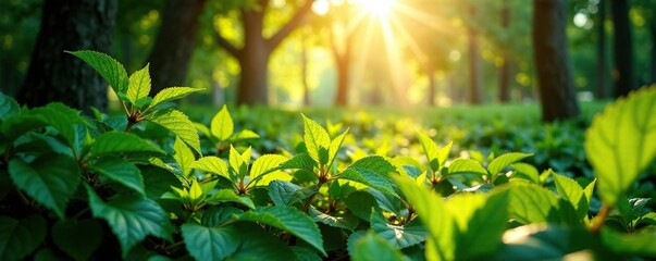 Dense foliage with sunlight filtering through leafy branches, foliage, sunlight