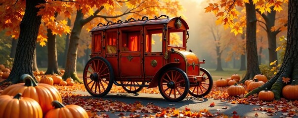 Luxurious pumpkin carriage with velvet drapes, velvet, autumnal colors