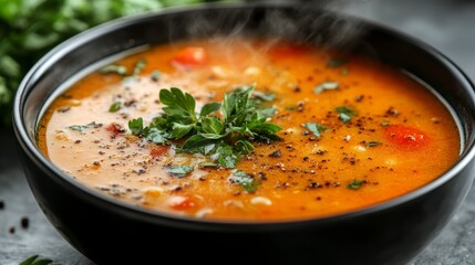 Steaming hot tomato soup in a black bowl, garnished with fresh parsley and black pepper.