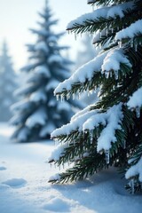 Spruce trees covered in snow with frosty ice crystals forming on their branches, ice crystals, snow