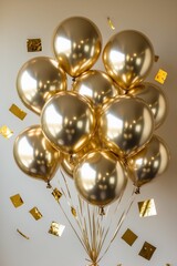Elegant Gold Balloons with Confetti - Luxurious Celebration Scene, ideal for celebration backgrounds, party designs, and holiday themes.