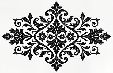 Elegant black plant ornament on isolated white background. Detailed floral design with swirls, scrolls. Ornate pattern suitable for cards decorative elements. Vintage style illustration perfect for