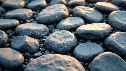 Natural cobblestone stones on the ground in a dense formation, cobblestone, natural, volcanic