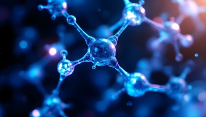 Abstract blue molecule structure background. Close-up of a metallic molecular structure against a dark blue background. Abstract molecular structure with transparent molecules, concept of science