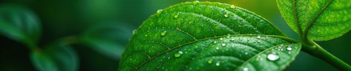 sparkling dew on frangipani leaves with intricate details of veins and ridges, moisture, dew, hydration