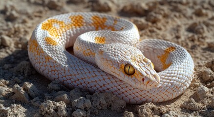 Obraz premium Enigmatic White and Yellow Snake Coiled on Sandy Desert Ground Surrounded by Natural Texture and Earth Tones, Captivating Reptile Photography