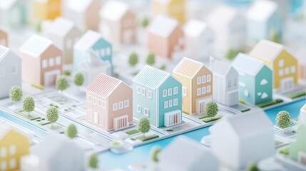 A row of house icons in different sizes and colors arranged on a city map, symbolizing a diverse housing market or real estate listings.
