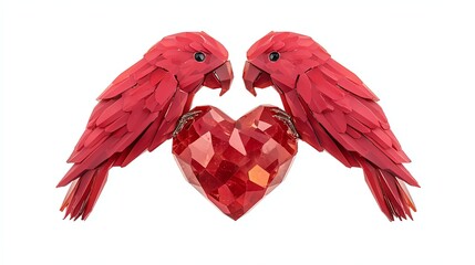 Obraz premium Two vibrant red birds face each other, perched beside a sparkling heart, symbolizing love and connection.