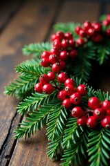 Red berry-covered fir boughs on a wooden table, Christmas wreath, winter flowers, holiday foliage