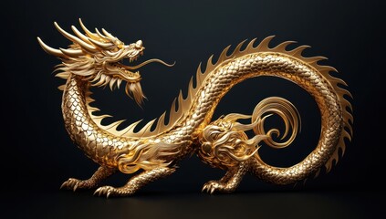 Fototapeta premium Golden Dragon Sculpture in Majestic Pose with Intricate Scales Exhibiting Power and Grace Against a Dark Background