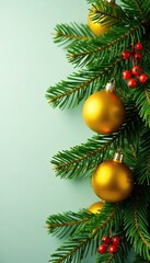 Fototapeta premium Evergreen branch with yellow glass balls and berries, , ornaments, holiday greenery