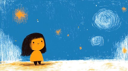 Fototapeta premium Charming Girl Dreams Beneath a Whimsical Night Sky: Digital Painting Illustration. AI Generated