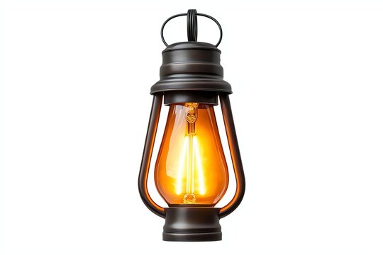 A vintage-style lantern with a glowing amber bulb, combining rustic charm with practical illumination.