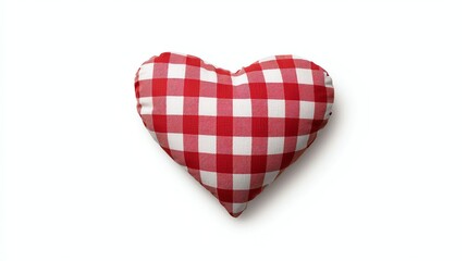 A red and white checked fabric heart shape, symbolizing love and affection, set against a plain background.