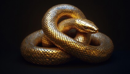 Fototapeta premium Golden Snake Sculpture Displaying Intricate Detailing and Realistic Textures, Artistic Representation of Reptilian Elegance on Dark Background