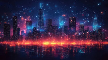 Fototapeta premium A vibrant city skyline at night, illuminated with colorful lights and digital effects.
