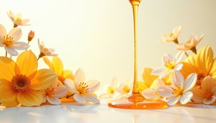 Warm golden honey drips from a beehive on a white background, flowers, flowers