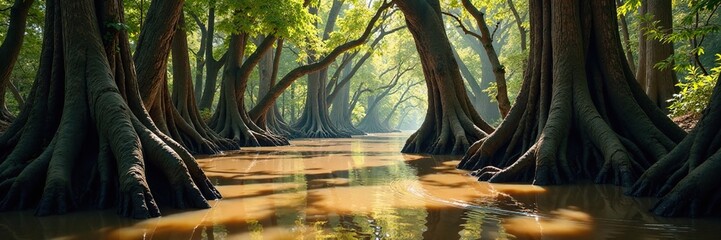 Muddy waters flow through twisted cypress trees, wildlife, swamp, water