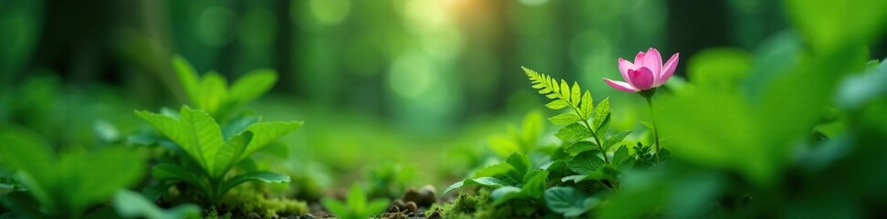 Obraz premium tiny flower peeking out from behind a fern frond, nature landscape, greenery, forest canopy