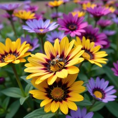 Yellow and purple striped flower with a bee hovering around it, bee, flowers