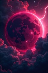 Obraz premium Deep crimson planet with a swirling storm cloud and lightning bolts illuminated, stormy weather, dark clouds